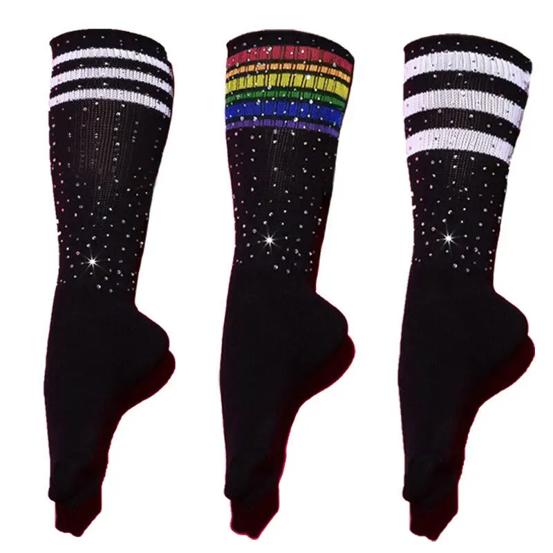 Женские длинные носки ниже колена полосатые однотонные Лоскутные Повседневные женские студенческие блестящие хлопковые носки с блестками