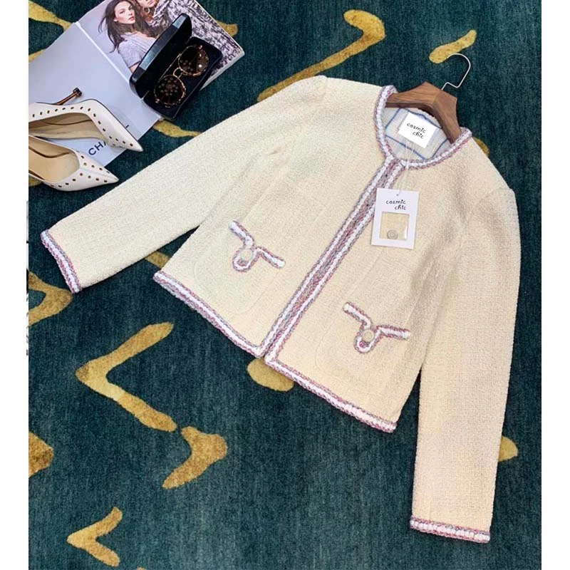 Cosmicchic, подиумная мода, женский элегантный короткий жакет, белый, Круглый ворот, для офиса, для девушек, длинный рукав, короткий, в клетку, подкладка, твидовое пальто