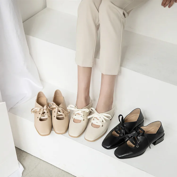 

2019 Spring New Style Retro Apricot Chunky Documentary Shoes Square Head Genuine Leather Deep Mouth Small Leather Shoes Versatil