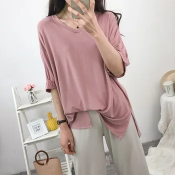 

2020 Modal Sexy Women Nightdress Plus Size Simple Soft Loose Solid V-Neck T-Shirt Mid-Length Pregnant Home Wear Women Sleepwear