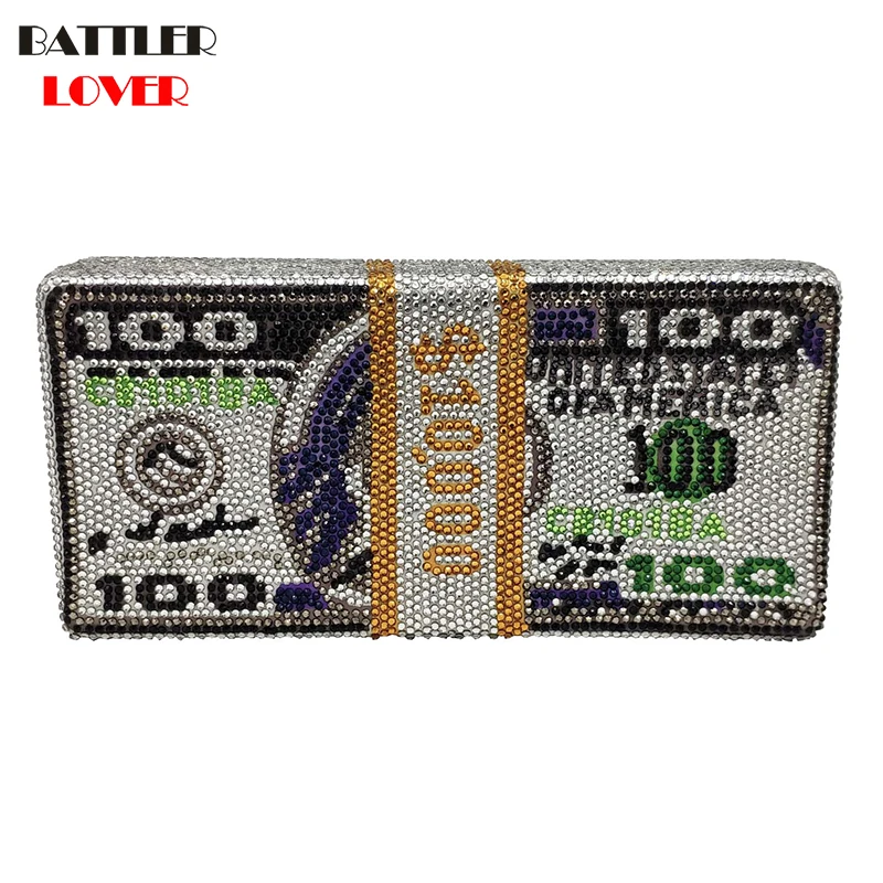 Fashion Stack of Cash Funny Money Women Crystal Box Clutch Evening Bags Ladies Cocktail Party Purses Handbags Shoulder Bag Hasp