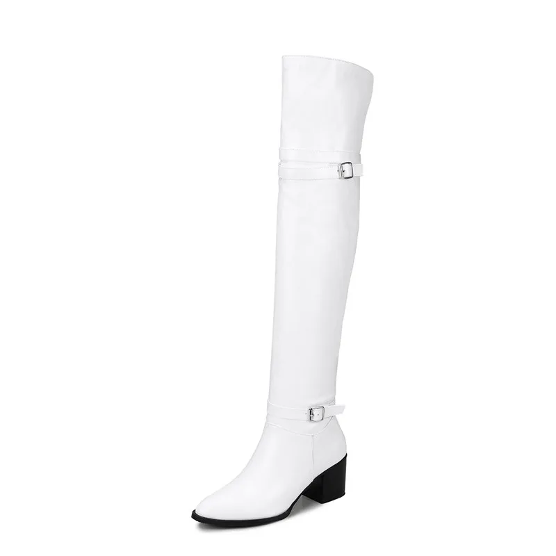 MORAZORA/ г. Большие размеры 34-48, модные зимние сапоги выше колена Дамская обувь на высоком каблуке с острым носком и пряжкой женские сапоги 2 цветов - Цвет: Белый