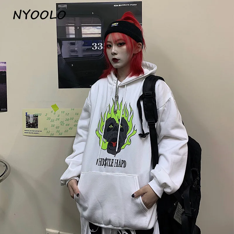 NYOOLO Harajuku уличная флуоресцентная Пламя Череп печати плюс бархат теплые толстовки осень зима пуловер с капюшоном Толстовка для женщин и мужчин