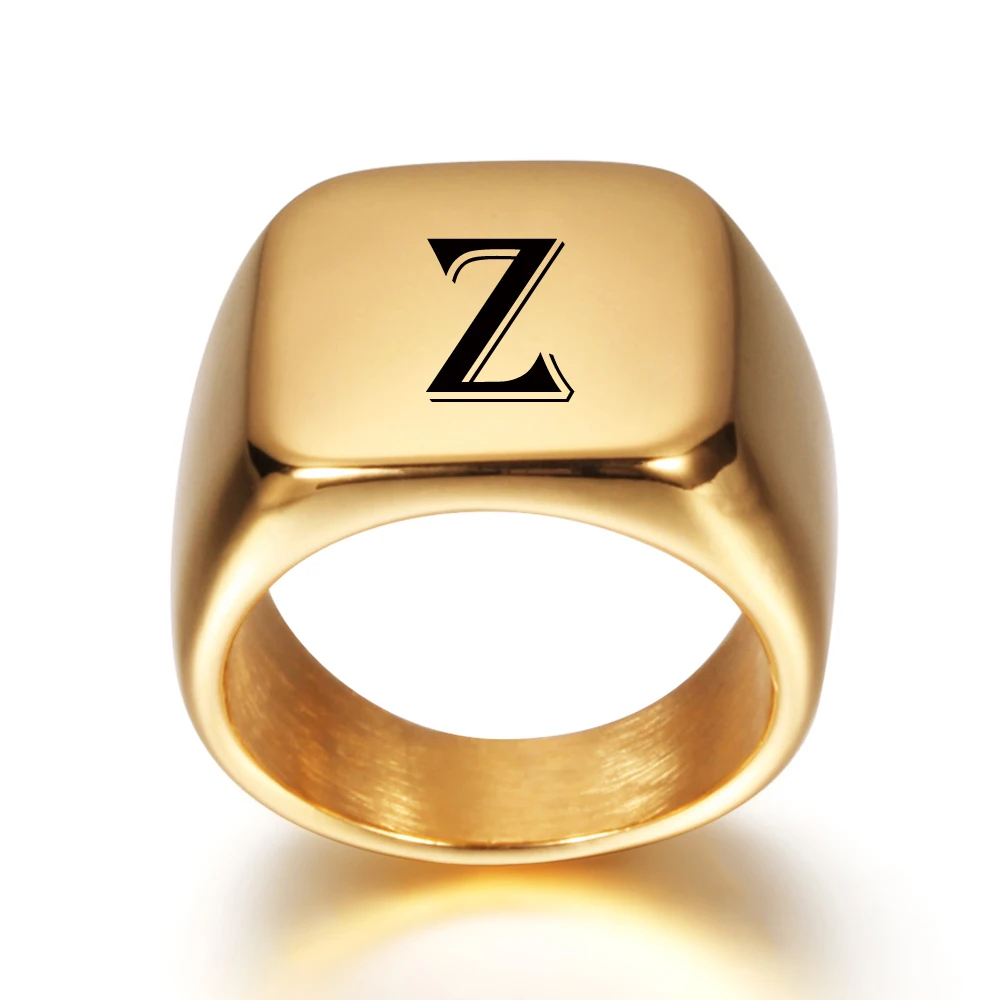 Personalised Initial Engrave A to Z Alphabet Stainless Steel Signet Blank Plain Ring Band High Polished Gold Color Tone U.S.Size