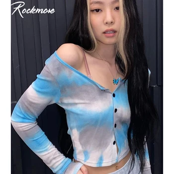 

Rockmore Tie Dye Ribbed Skinny T-Shirts Women Long Sleeve Crop Tops Open Stitch Casual Autumn Basic Tee Shirts Ladies Streetwear