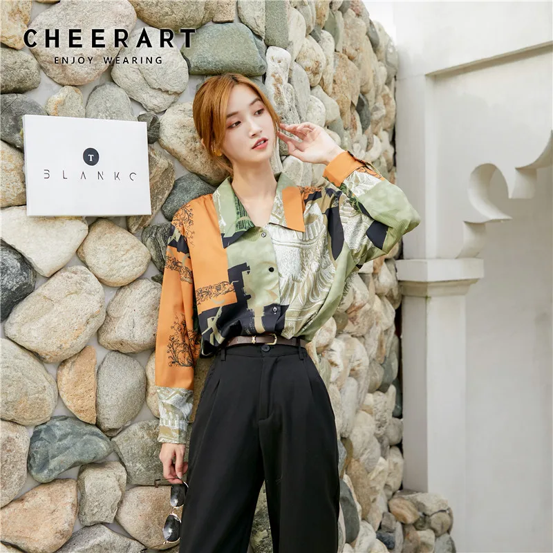 Cheerart/винтажная блузка с длинным рукавом и принтом, свободная рубашка для женщин, топы и блузки, женские блузки, корейская модная одежда