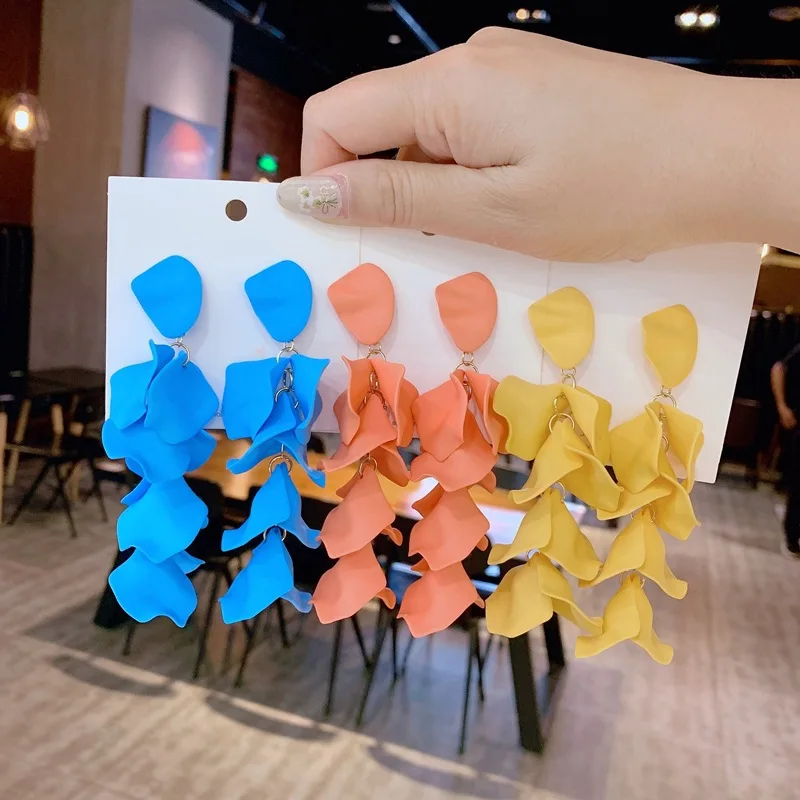 Long Tassel Rose Flower Petals Dangle Earrings - Image 3