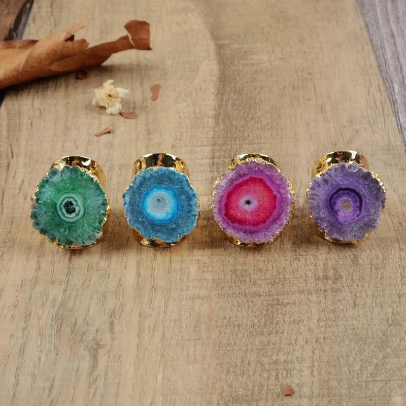 

BOROSA Rainbow Sun Flower Quartz Druzy Bang Ring Fashion Gold Silver Plated Gems Solar Quartz Adjustable Wedding Rings for Women