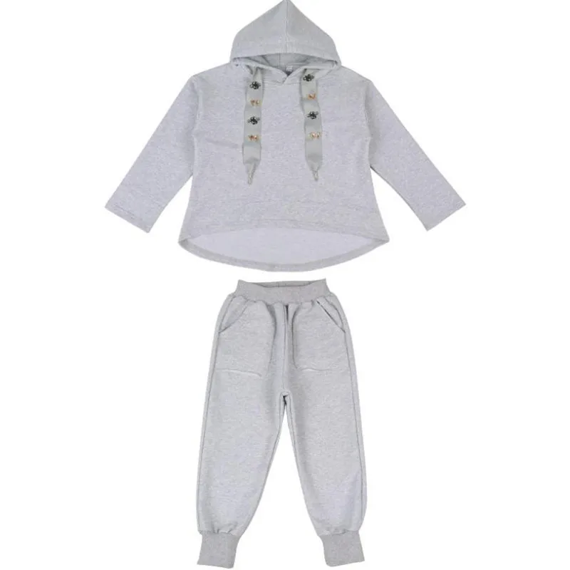 Gray DFXD/ новая осенняя одежда для крупной девушки, комплект из 2 предметов, спортивные костюмы, Повседневное с длинным рукавом пуловер с капюшоном, толстовка+ штаны, детский спортивный костюм для 3-12Yrs наряды - Цвет: Gray