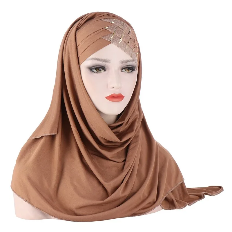 KepaHoo Sequins Glitter Forehead Cross Muslim Hijab Scarf Ready to Wear Turban Hijabs Islamic Women Headscarf Female Head Wraps