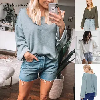 

2019 Autumn Women V Neck Casual Pullovers Long Sleeve Solid Color Loose Sweatshirt Tops For Women Winter Fashion Female Hoodies