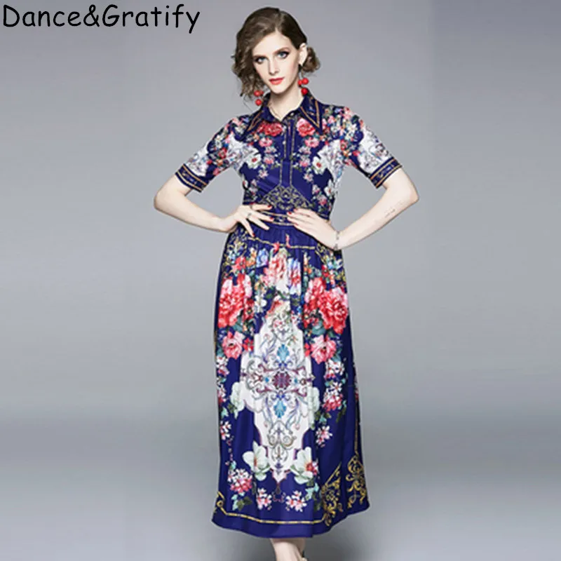 

New 2019 Fashion Designer Brand Runway Dress Women Vintage Floral Print Blue Long Maxi Party Sundress