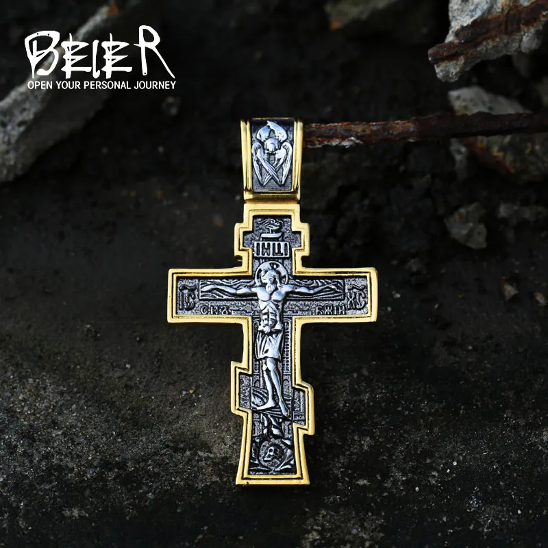 Jewelry Chain-Necklace Orthodox Pendant Crucifix Stainless-Steel Jesus Cross Mens Eastern