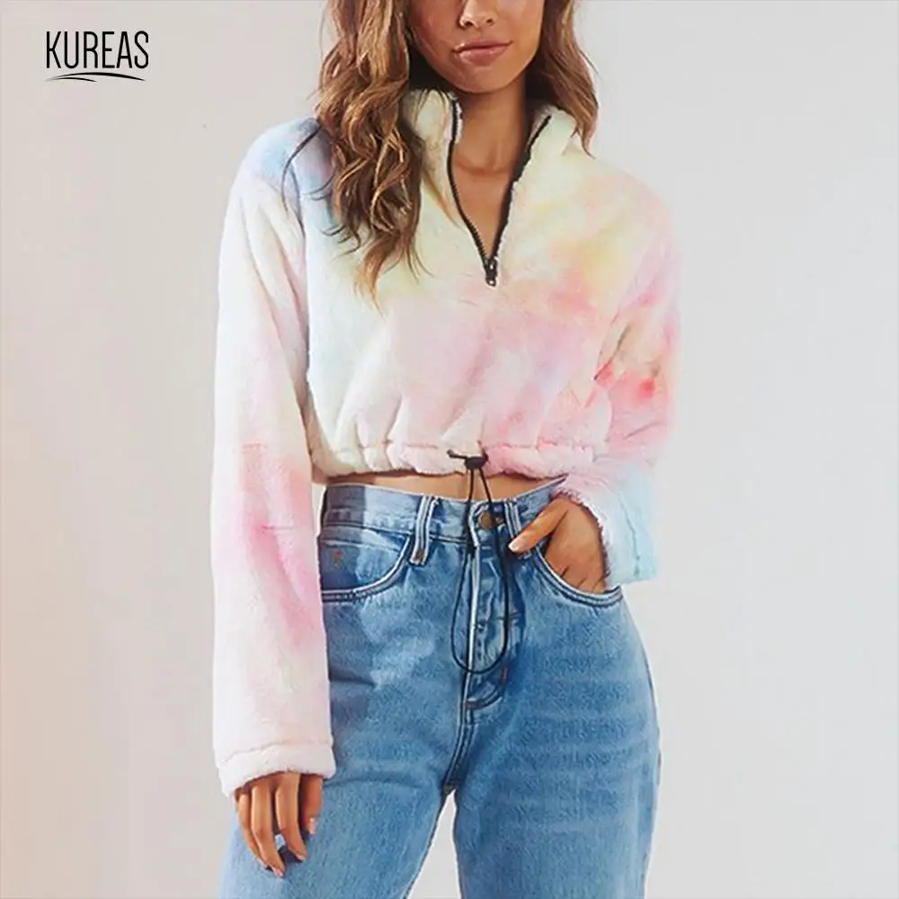 

Kureas Women Rainbow Sweater Winter Autumn Fleece Pullovers Warm Thicken Crop Tops Sexy Casual Zipper V Neck