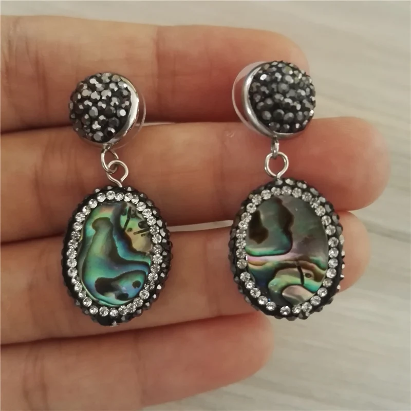 

black white rhinestone paved natural green pattern abalone shell pendant charm drop earring dangle earring for women