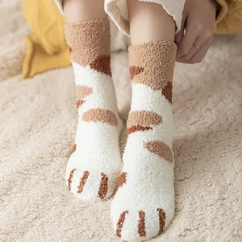 

1pair Women Cat Claws Winter Sleep Warm Floor Thickened Elastic Home Soft Plush Coral Fleece Socks Heat Preservation Bedroom