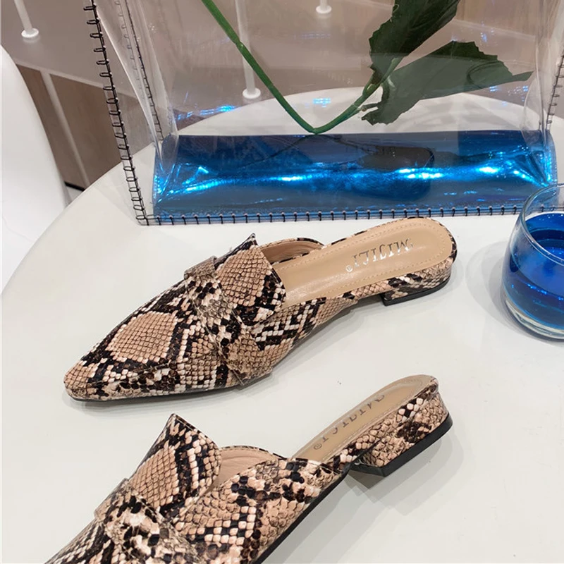Snake Mules Shoes Women Flat Slippers Unicorn Animal Printed Pointed Toe Ladies Slip On Classic Summer Loafers Open Back