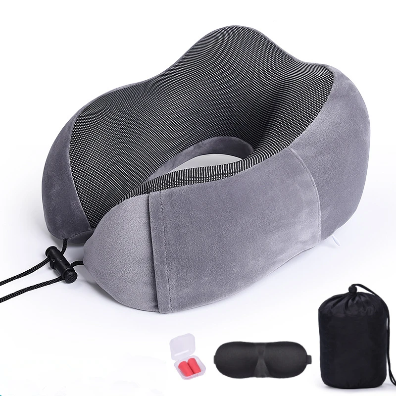 Gray Set Подушка для путешествий с эффектом памяти, подушка для шеи и шеи, подушка для самолета, автомобиля, офиса, подушки для сна, u-образная подушка для головы, подушка для поддержки подбородка - Цвет: Gray Set