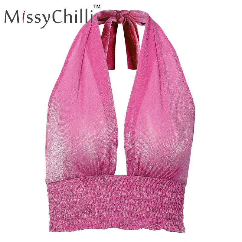 MissyChilli элегантный кружевной топ с открытой спиной и люрексом, сексуальный розовый женский уличная одежда, праздничный топ на бретельках, осенне-зимние вечерние Клубные майки