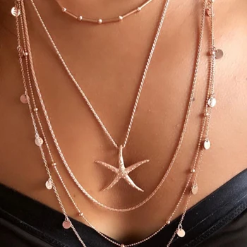 

Bohemian Personality Starfish Star Pendant Necklace Charming Women's Multi-layer Gold Pendant Long Chain Fashion Party Jewelry
