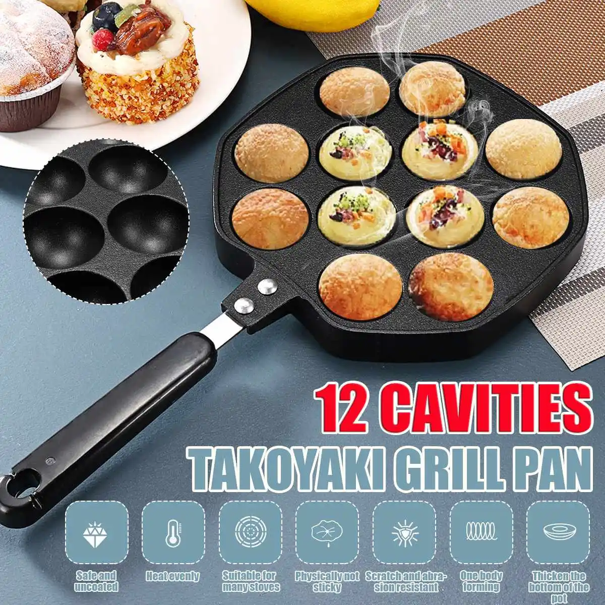 12 Holes Nonstick Takoyaki Maker Grill Pans Cooking Plate for Gas Stove Takoyaki Pan Cast Iron