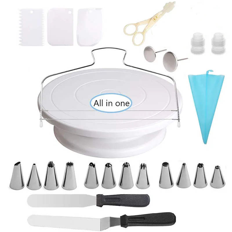 Cake Decorating Kit Set Baking Accessories Turntable Stands Cake Tips Icing Smoother Spatula Piping