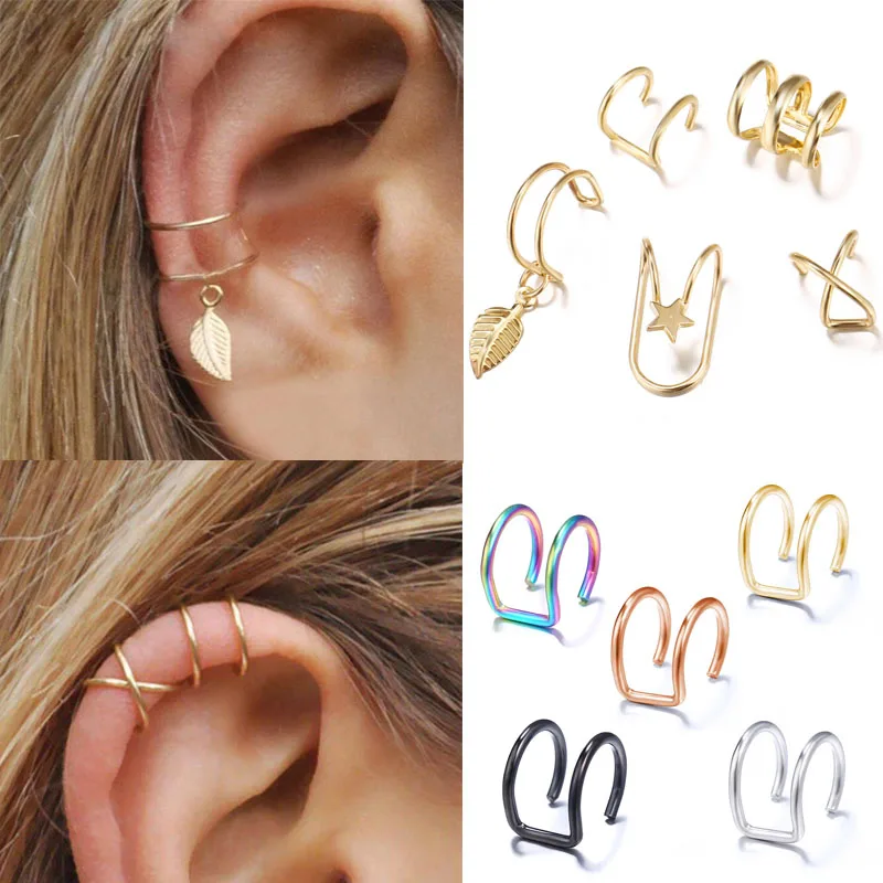 

Fashion 5Pcs/Set No Pierced Ear Clip Cross C Shape Clip On Earring Ear Cuff Women Earrings Climbers No Piercing Ear Wrap Earcuff