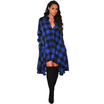 

2019Women Female Ladies Plaid Long Sleeve Dress Irregular Button Down Collar Shirt Dresses Drop.1.9
