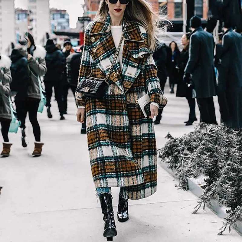 Women's Wool Plaid Coat Women Winter Jacket Plus Size Long Cardigan Casual Loose Check Jacket Retro Elegant Female Coats