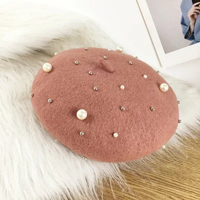 Hide Powder Корейский Стильный берет, модная женская Повседневная шапка с заклепками и жемчугом, осенне-зимняя шерстяная универсальная однотонная ткань - Цвет: Hide Powder