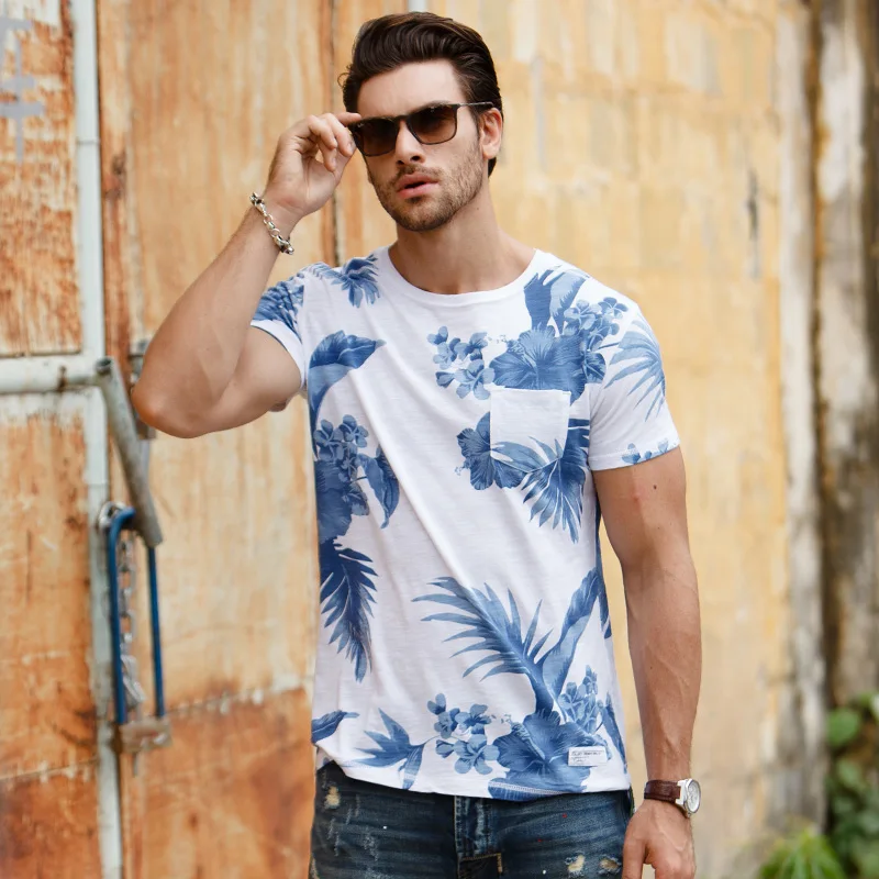 

FRIENDE Spring and summer men's short sleeve T-shirt holiday breathable cotton fashion slim o-collar flora T-shirt C0130