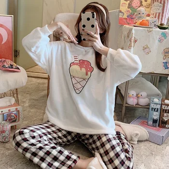 

2020 Autumn Winter Women Home Suit Flannel Two-piece Round Neck Thickened Long Sleeve Pajamas Loungewear Sleepwear Pyjama Set