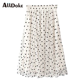 

ALLDOKE white dot print women skirt summer high waist streetwear casual vintage A line maxi long skirts mujer jupe femme