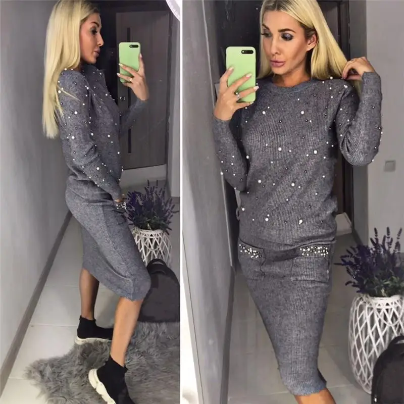 Kaufen Wolle Und Kaschmir Gestrickte Warme Anzug Perle Perlen Gestrickte Pullover Bleistift Rock Frauen Zwei Stück Stricken Gesetzt