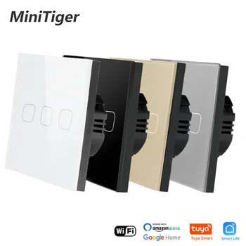 

MinitigerGlass Panel EU Standard 3 Gang 1 Way Tuya Wall Light Touch Switch for Google Home Wireless Control Smart Switch