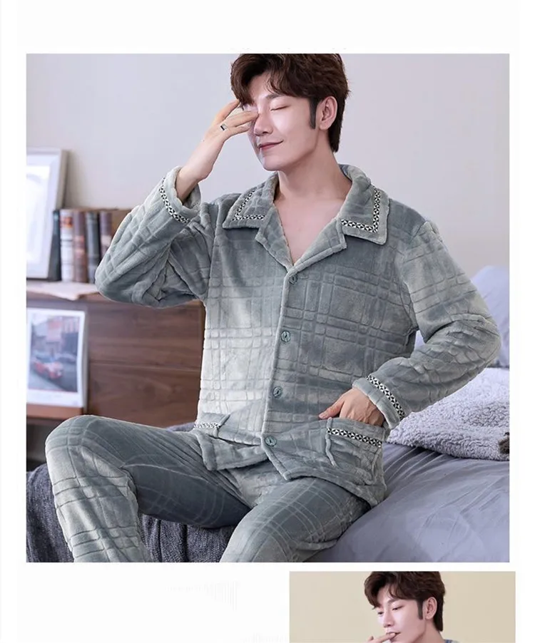 Зимний пижамный комплект, Мужская Фланелевая Пижама, теплая Сексуальная плюшевая одежда для сна, большой размер, Мужская однотонная Домашняя одежда, модная Пижама