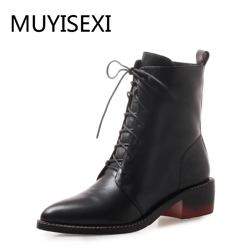 

Basic Ankle Boots Zipper 4.5cm Square Heels Pointed Toe Office Ladies Women Shoes Genuine Leather plus size FLD09 MUYISEXI