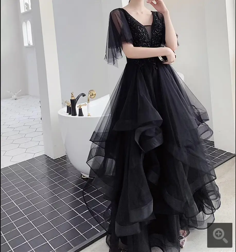 Black Prom Dress V Neck Bridesmaid Dress A-Line Graduation Dress Special Black Dress Layered Tulle Wedding Dress red prom dress