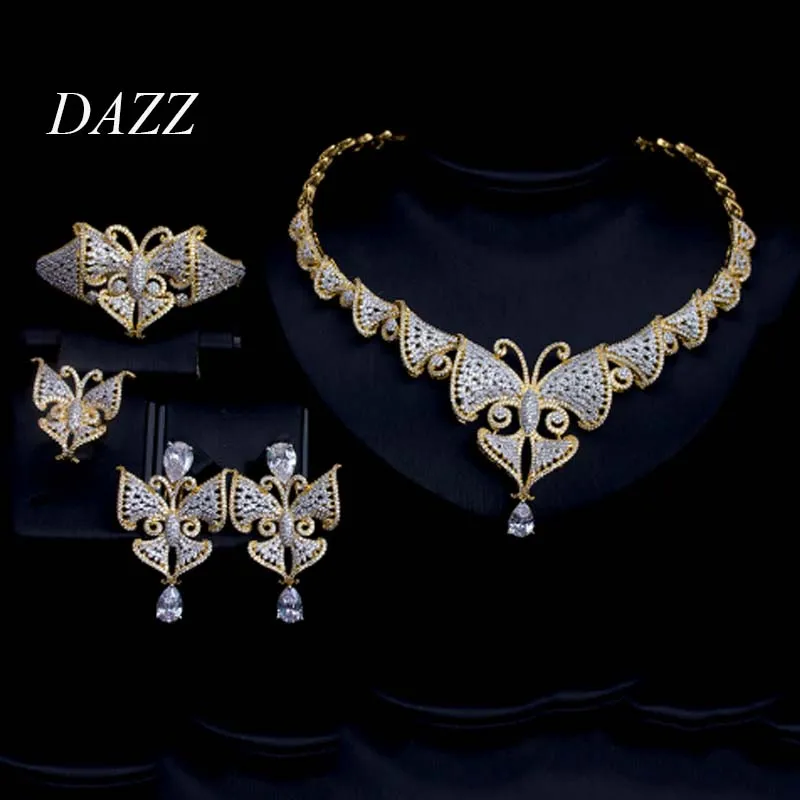 Dazz роскошный большой бабочки CZ циркониевое свадебное Ювелирное Украшение набор для вечерние Для женщин свадебное сари Дубай Цепочки и ожерелья серьги, кольцо, браслет наборы для ухода за кожей