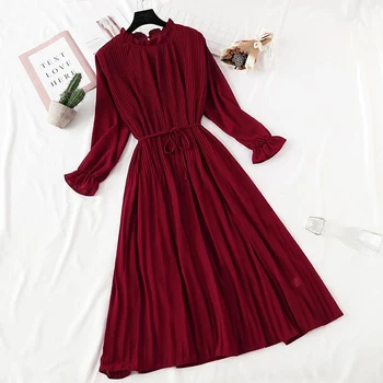 

Women Autumn Chiffon Dress New 2019 Long Sleeve Vintage Solid Lotus leaf neck Pleated Dress Long Robe Women Casual Dresses