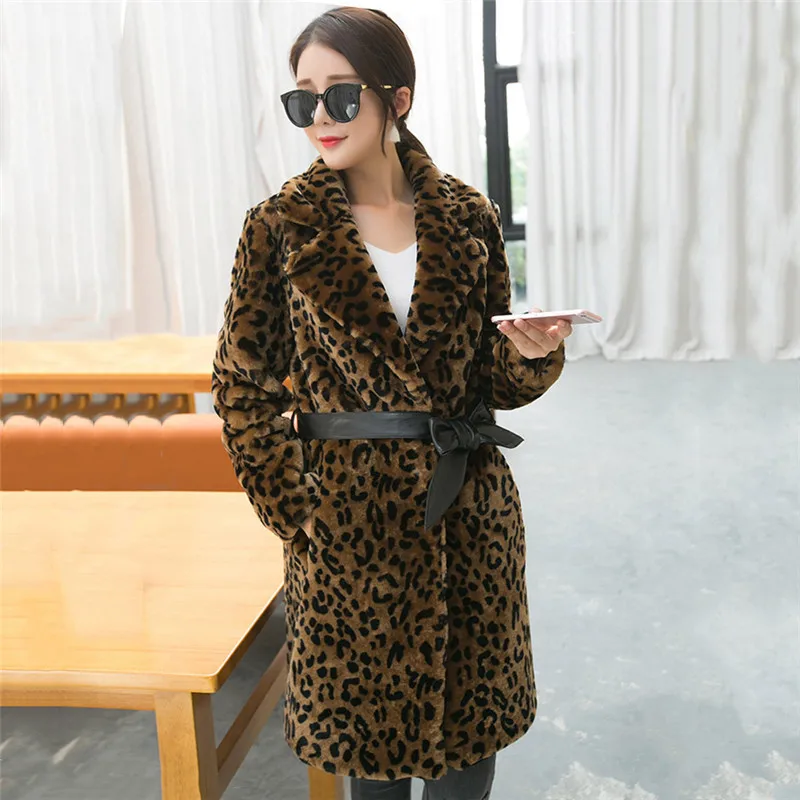 

2019 Autumn and Winter Leopard Faux Fur Jacket Female Turn Down Collar High Waist Long Coat with Sashes Casual Outerwear YH729