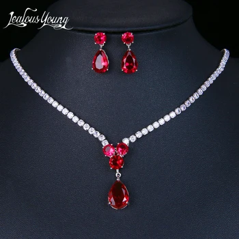 

Indian New Fashion Red Zirconia Long Necklace Jewelry Sets Luxury Round Zircon Wedding Jewelry Set for Women Gift Set