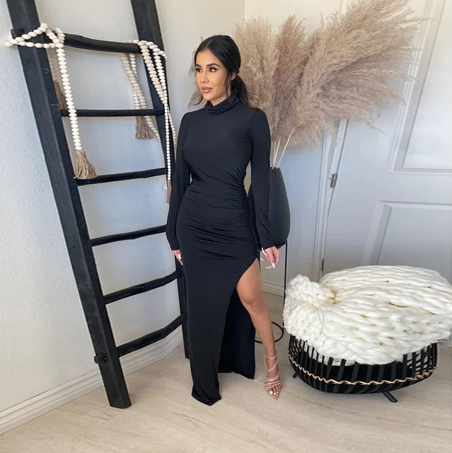 CM.YAYA Gaun Maxi Wanita Turtleneck 