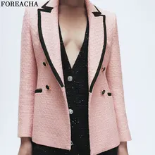 

foreacha Plaid Textured women pink blazer Double breasted full sleeve loose Suit Coat spring autumn chic Office Outerwear Female