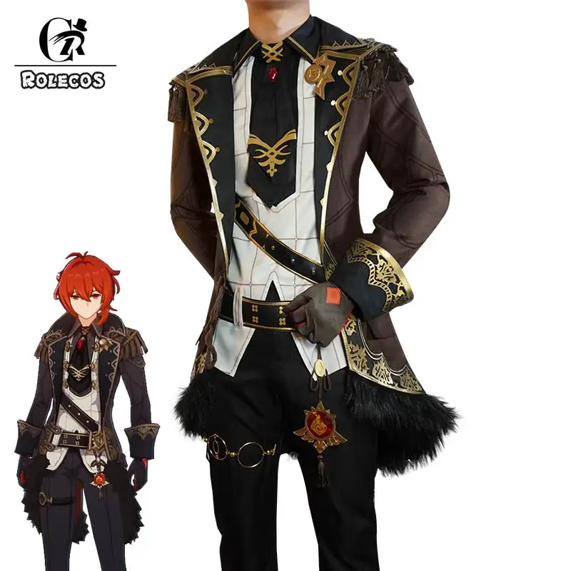 ROLECOS Genshin Impact Diluc Cosplay Costume Genshin Impact Cosplay Diluc Costumes Game Cos Halloween Full Set Coat Pants Gloves
