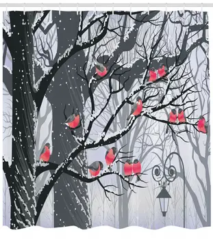 

Birds on Trees in Winter City Park Snow Season Xmas Decor Shower Curtain Set