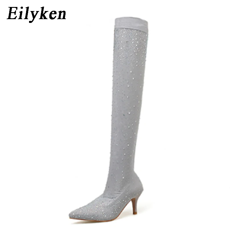 Gray 7CM Женские блестящие туфли-чулки Eilyken, высокие ботфорты на тонком каблуке со стразами, эластичные сапоги за колено с удлиненным носкам, обувь на высоком каблуке до бедра, туфли-чулки со стразами - Цвет: Gray 7CM