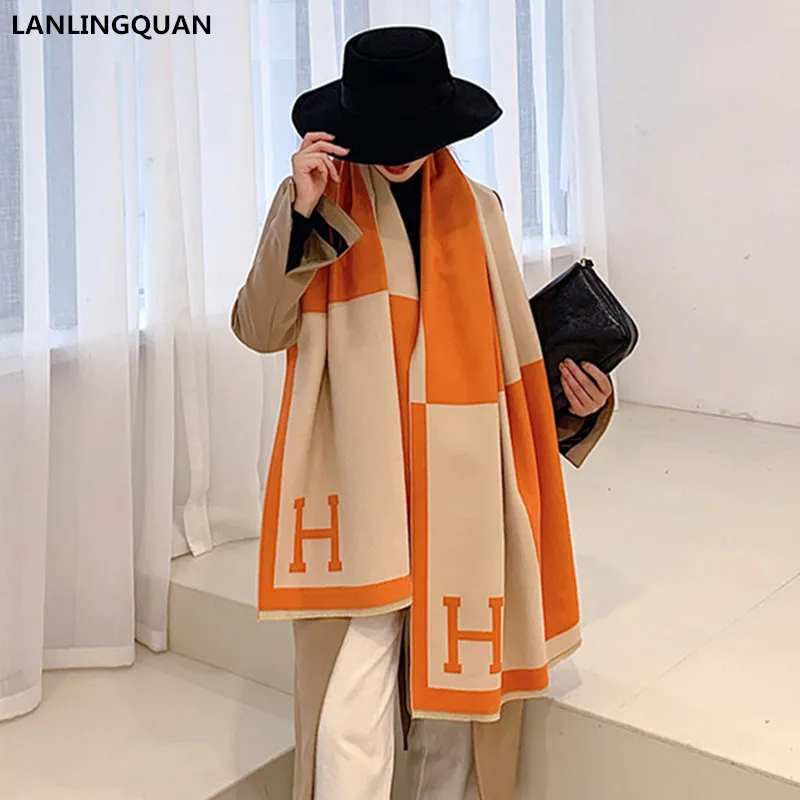 190*65cm New Autumn Winter Female Scarf Women Cashmere Scarves Wide Lattices Long Shawl Wrap Blanket Warm Tippet wholesale - Цвет: orange