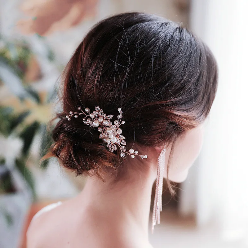 Korean simple wedding gown, exquisite handmade pearl crystal alloy comb, bridal drill, hair comb