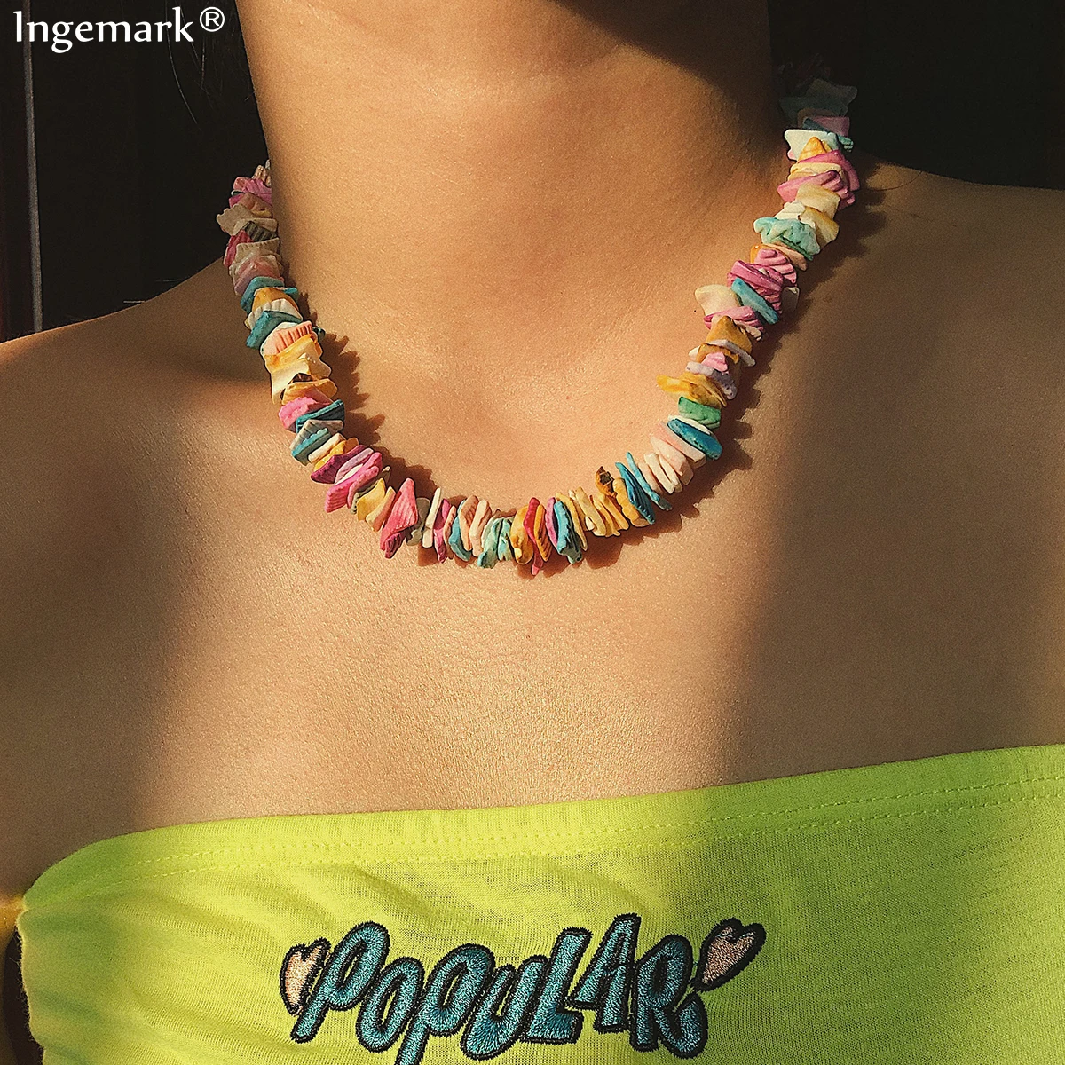 

Ingemark Puka Shell Chips Choker Necklace Collar Statement Girlfriend Gift Collier Unique Rainbow Chain Neacklace Women Jewelry